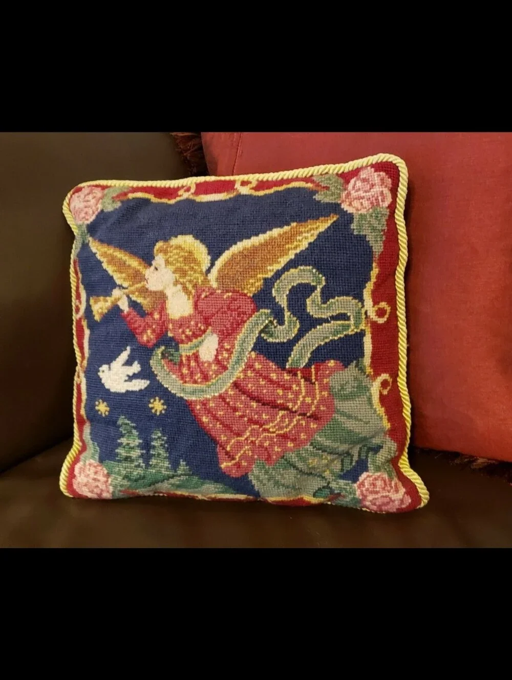 Vintage Christmas Angel Wool Needlepoint Pillow